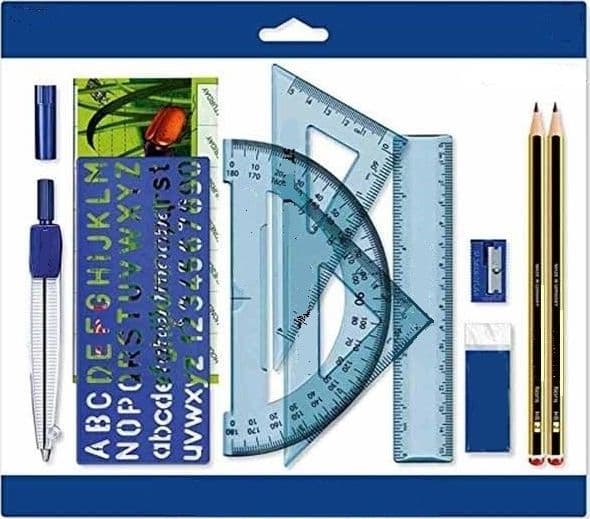SET 10 PEZZI MATITE COMPASSO GONIOMETRO KIT SCUOLA ARTICOLI DI CANCELLERIA BASE
