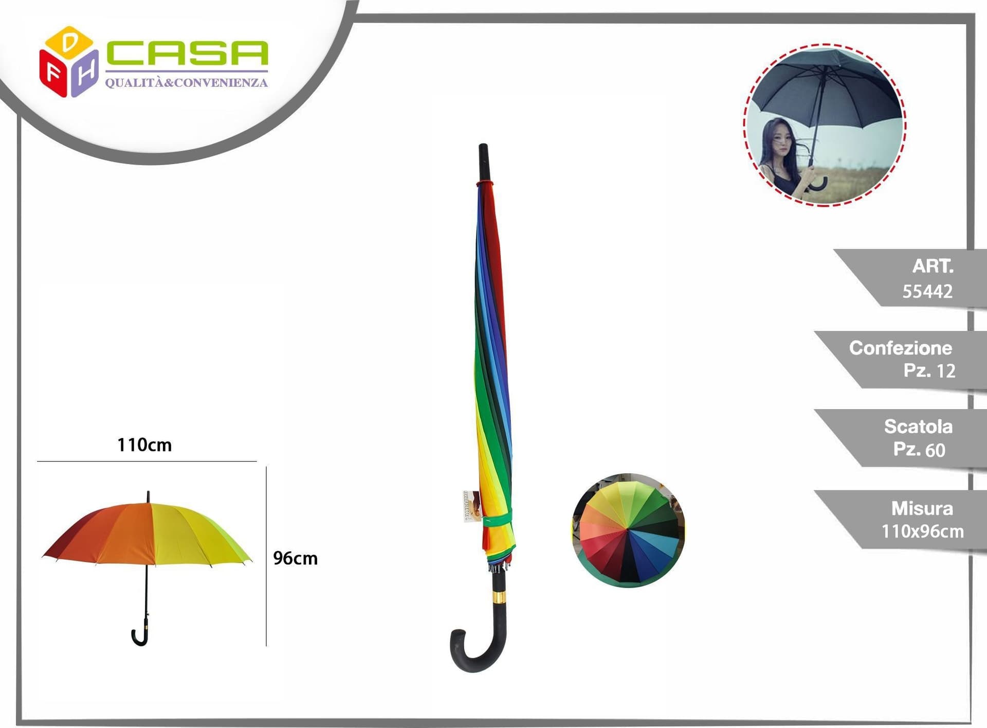 OMBRELLO GRANDE COLORE ARCOBALENO PROTEGGE PIOGGIA E SOLE ESTATE INVERNO - 2