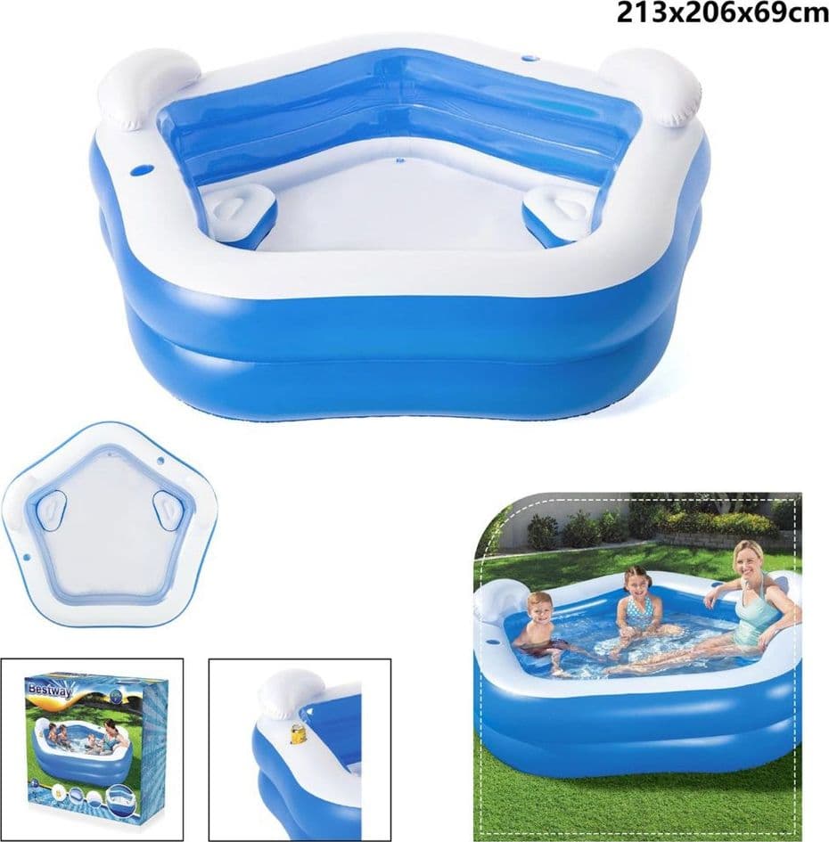 PISCINA GONFIABILE PENTAGONO FUORITERRA 213X206X69CM CON PORTABICCHIERI POGGIATESTA 54153 - 14