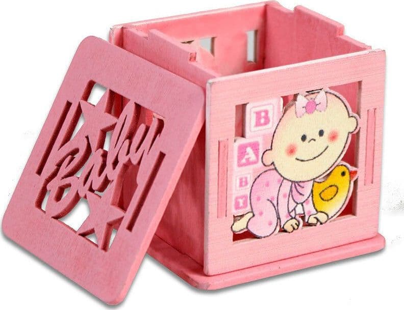 12 SCATOLINA PORTA CONFETTI IN LEGNO BOMBONIERA NASCITA BATTESIMO ROSA FEMMINA - 2
