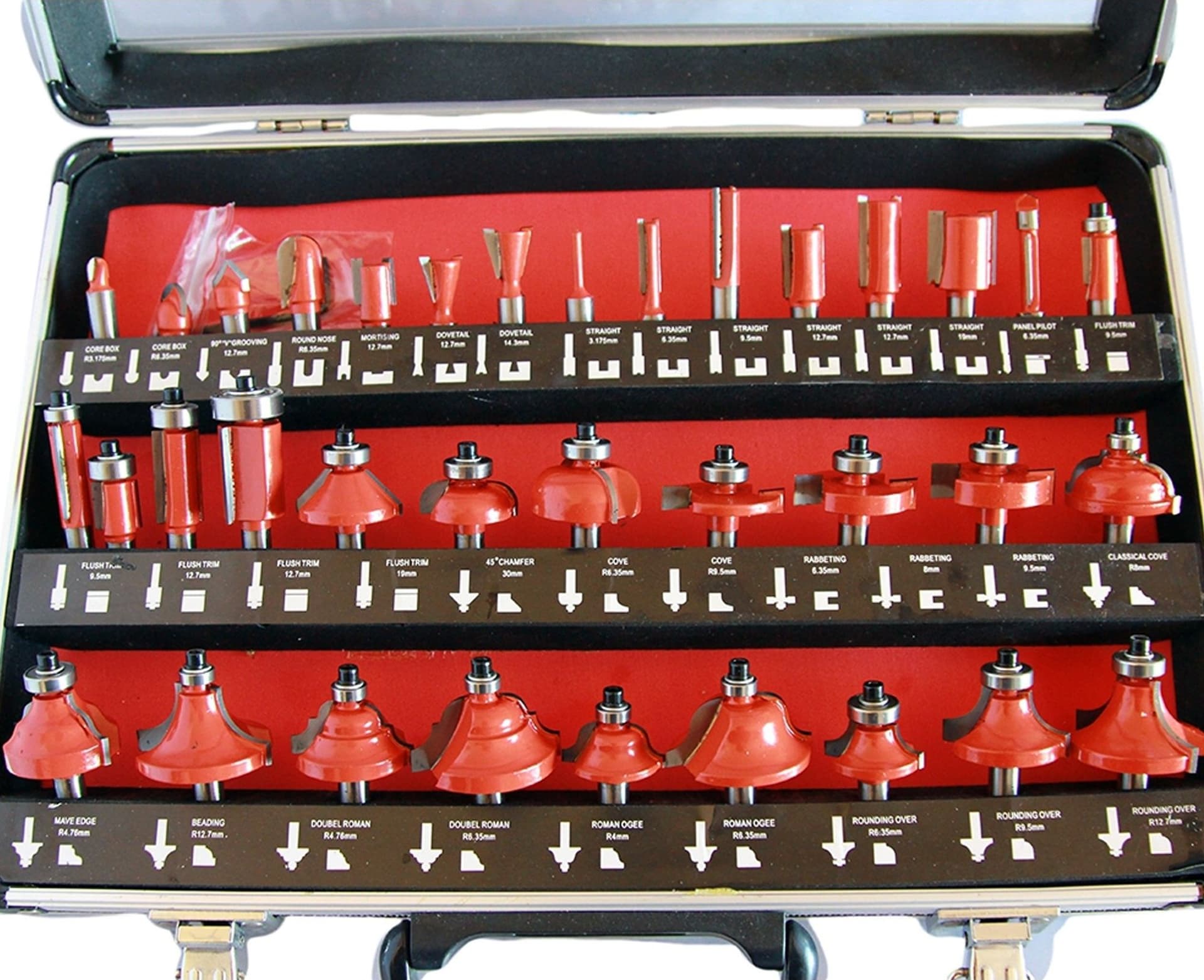 SET KIT 35 PEZZI FRESE PER LEGNO PER PANTOGRAFO IN VALIGETTA DI ALLUMINIO 8mm - 3