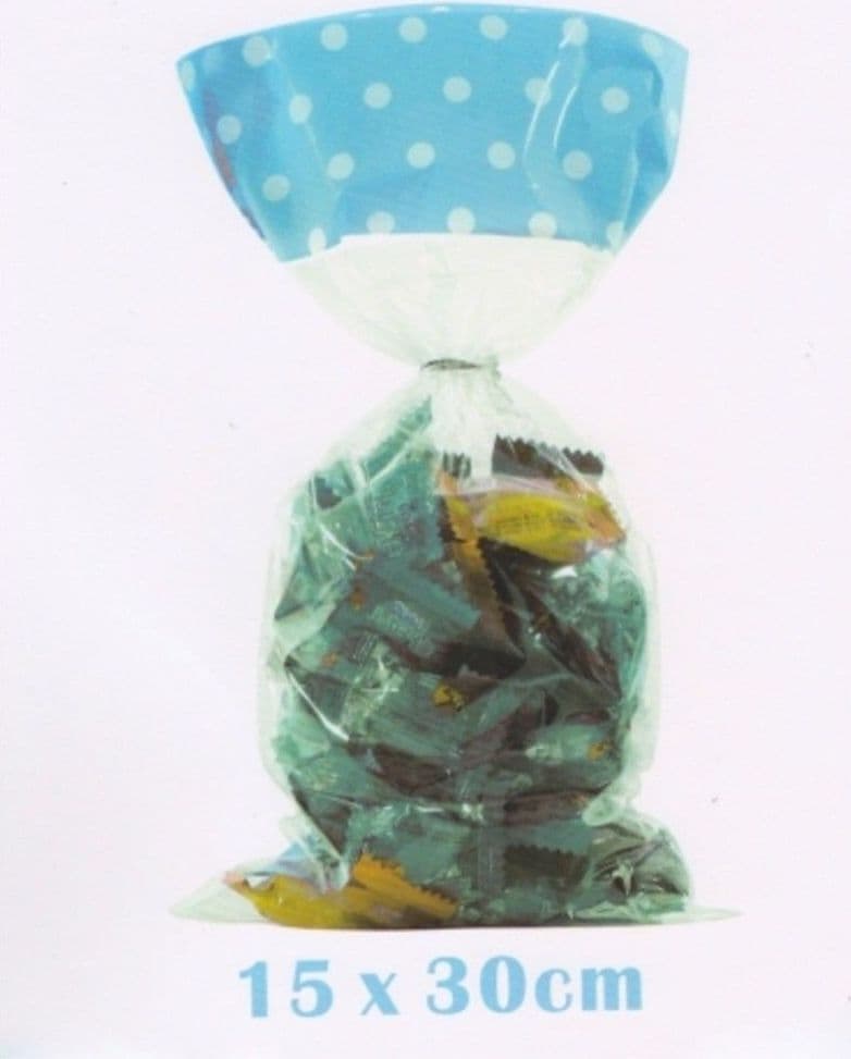 12 SACCHETTI BUSTINE AZZURRO POIS 15X30 CM CONFETTI CONFETTATA CARAMELLE FESTA