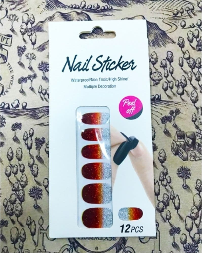 NAIL ART STICKERS ROSSO ARGENTO GLITTER 12 DECORAZIONI ADESIVA PEEL OFF UNGHIE