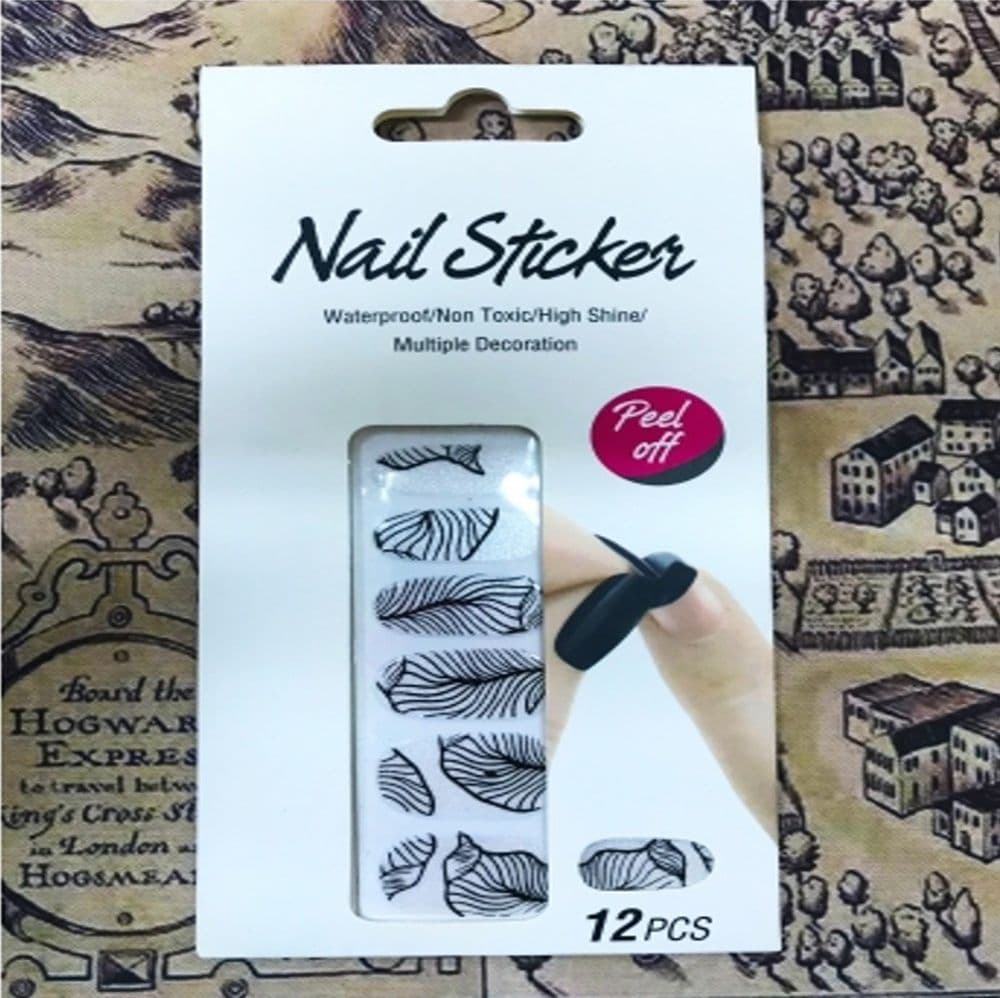 NAIL ART STICKERS FOGLIE NERO ARGENTO GLITTER 12 DECORAZIONI ADESIVA PEEL OFF