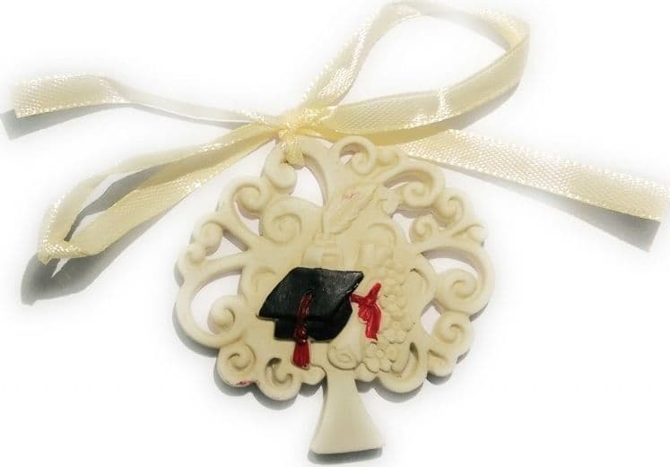 BOMBONIERA ALBERO DELLA VITA LAUREA CAPPELLO PIUMA CALAMAIO CERAMICA APPENDINO - 2