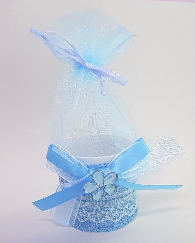 BOMBONIERE SCATOLA AZZURRA FIORE SACCHETTO ORGANZA PORTACONFETTI NASCITA BATTESIMO - 2