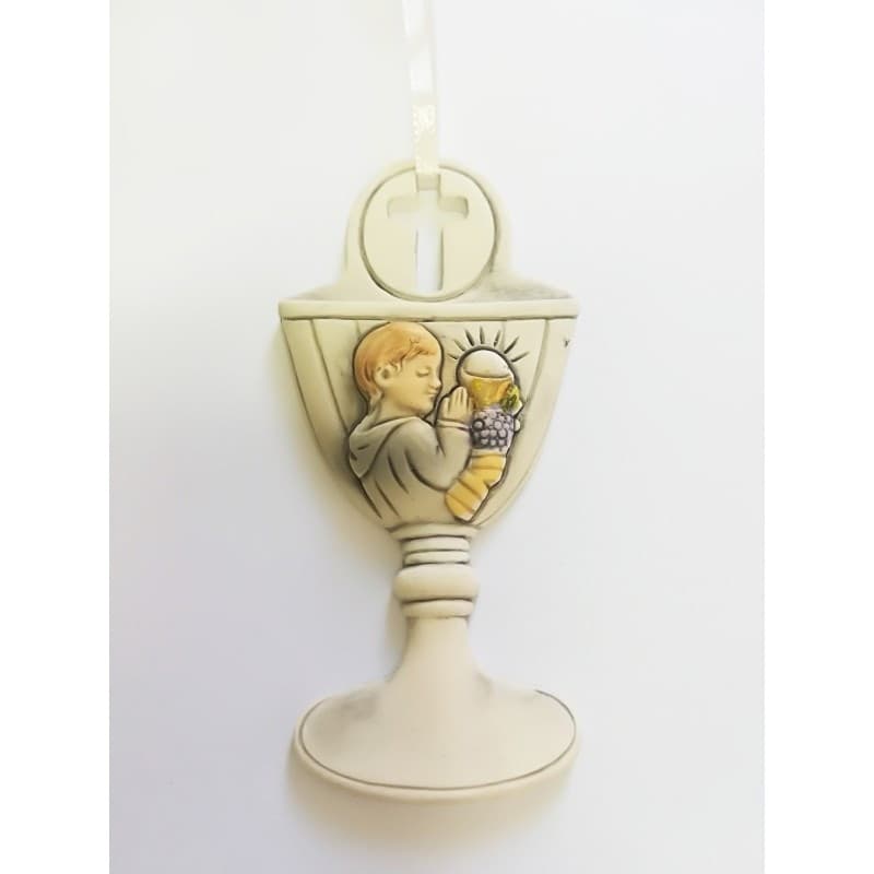 SET 12 BOMBONIERE COMUNIONE BAMBINO CALICE EUCARESTIA BIANCO CERAMICA APPENDINO - 2