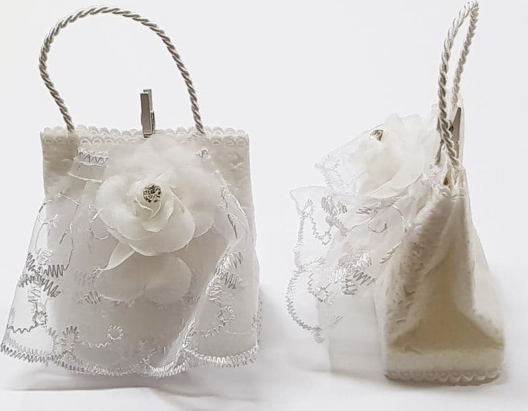 BOMBONIERE SACCHETTO BUSTINA BIANCO FIORE GLITTER PORTA CONFETTI X MATRIMONIO - 2