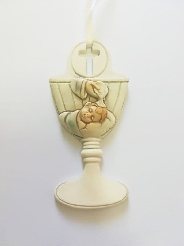 BOMBONIERE PER BATTESIMO BAMBINO CALICE ACQUA SANTA BIANCO CERAMICA APPENDINO - 2