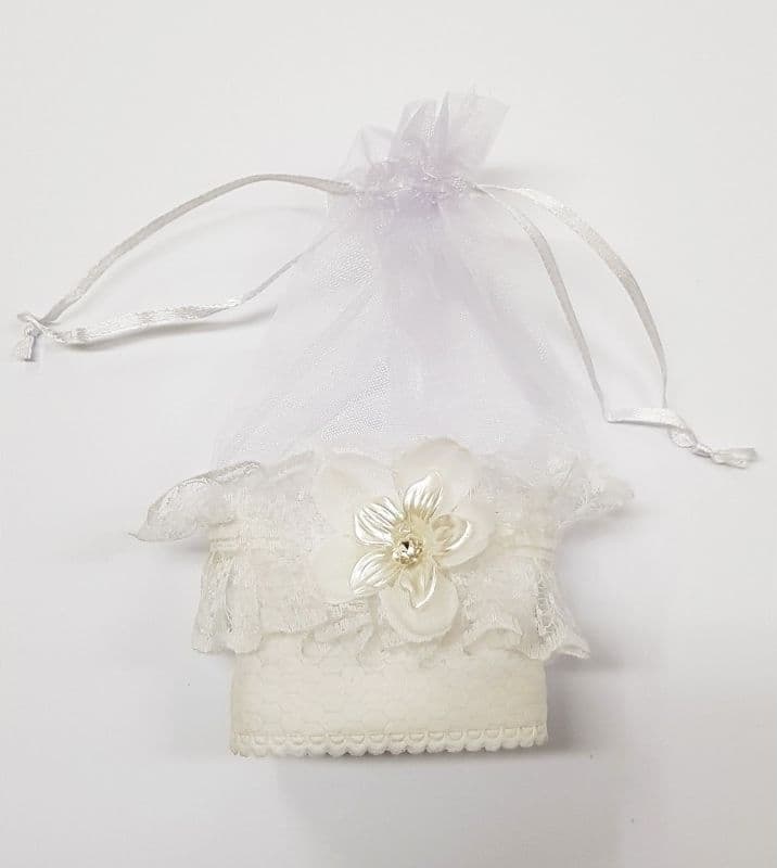 SET BOMBONIERA BOMBONIERE SACCHETTO IN ORGANZA BIANCO PIZZO FIORE PORTA CONFETTI - 2