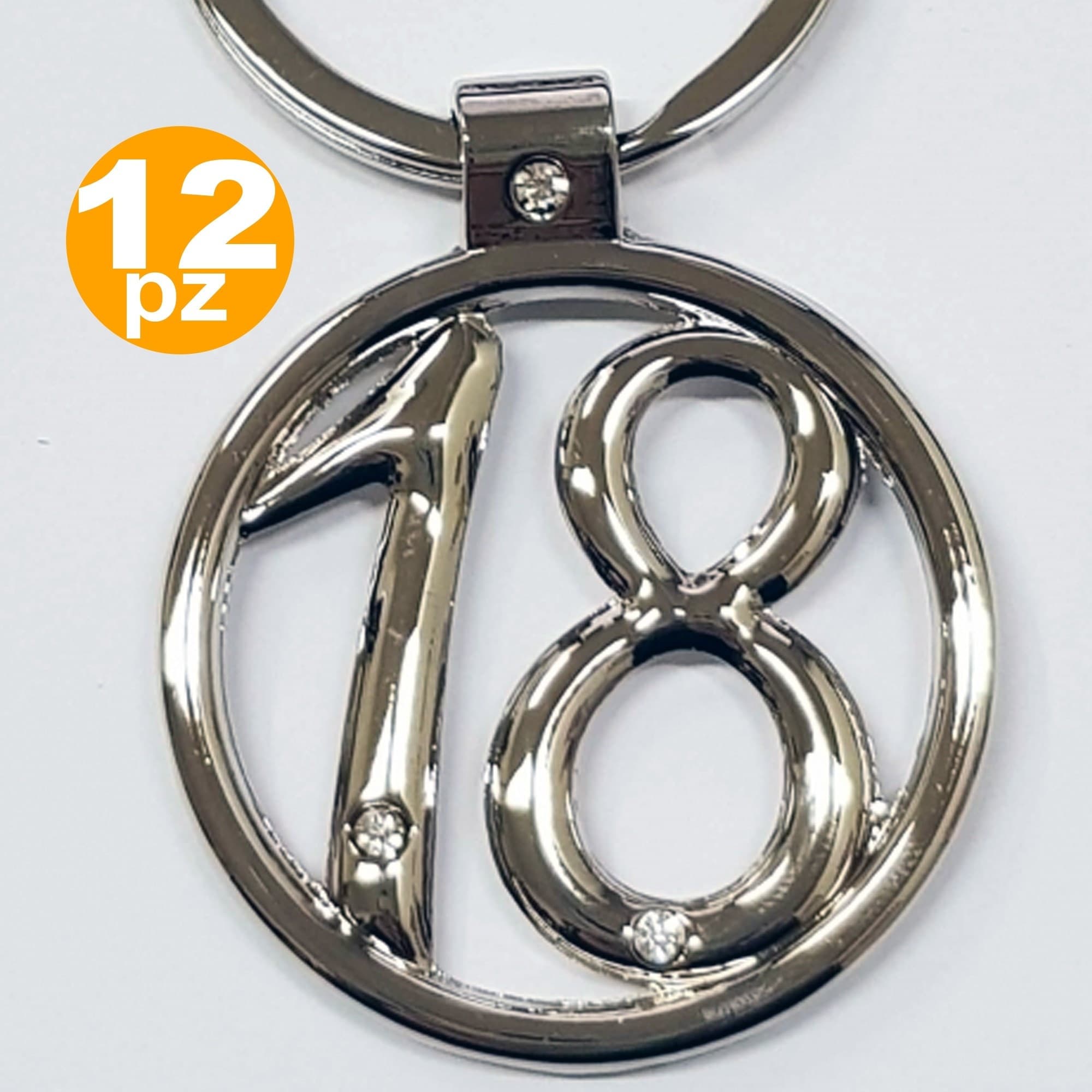 SET 12 BOMBONIERA BOMBONIERE ACCIAIO BRILLANTINI 18 ANNI COMPLEANNO PORTACHIAVI