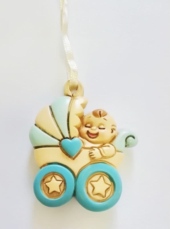 BOMBONIERE CARROZZINA AZZURRO PASSEGGINO CERAMICA APPENDINO X BATTESIMO NASCITA - 2