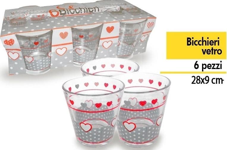 SET 6 BICCHIERI CUORE POIS IN VETRO BICCHIERE DA TAVOLA CUCINA DESIGN MADE ITALY - 2