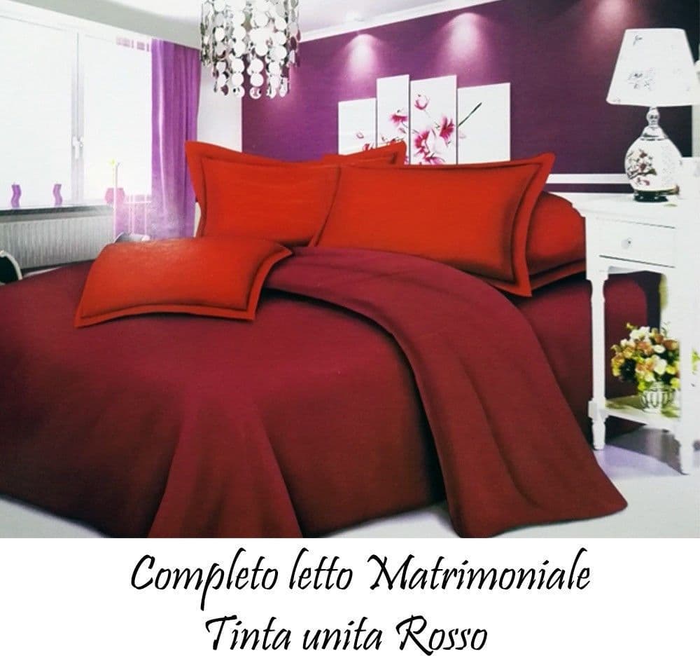 COMPLETO LETTO LENZUOLA MATRIMONIALE CON COPRI CUSCINI TINTA UNITA COLORE ROSSO