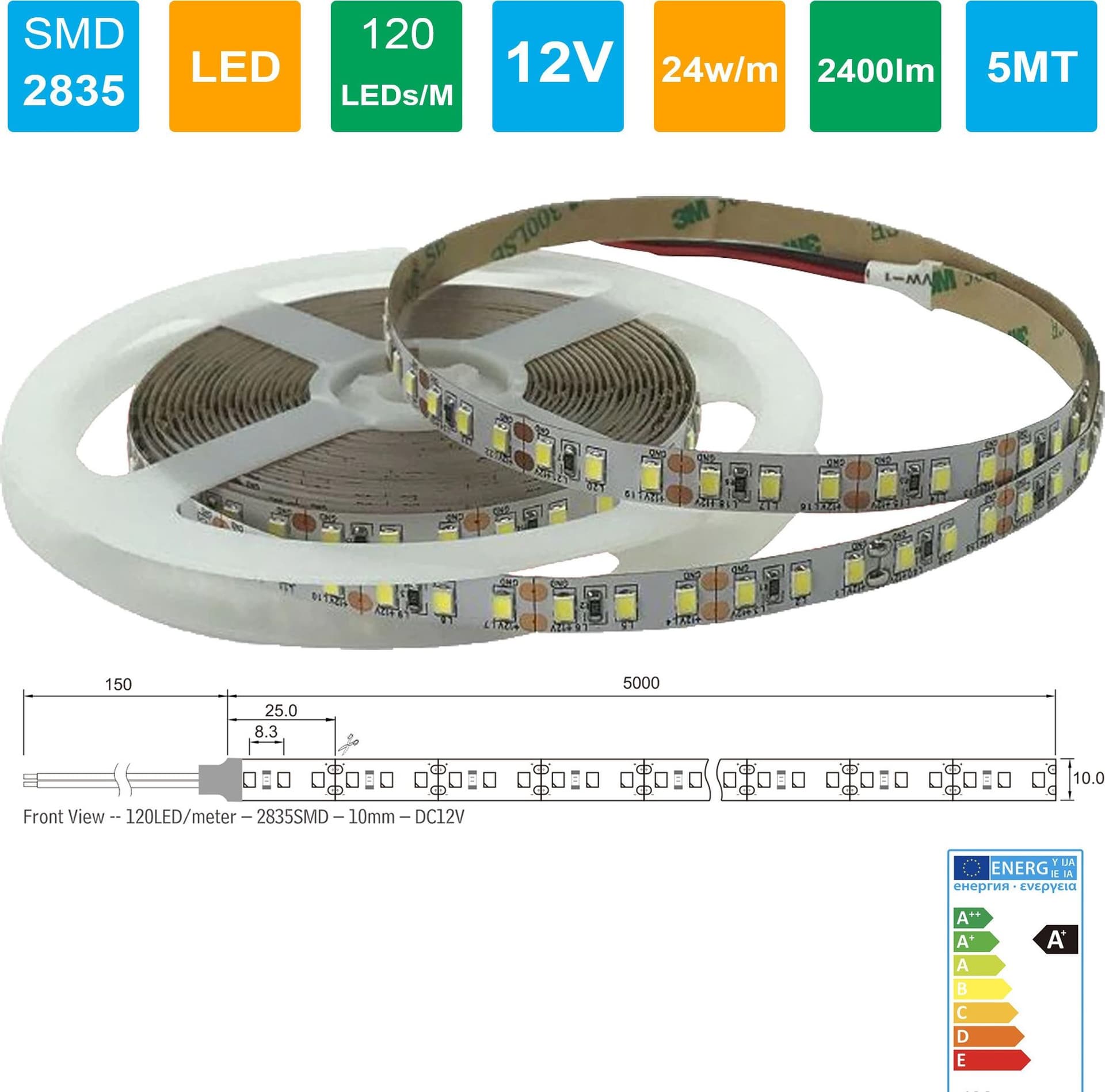 STRIP LED STRISCIA 600 LEDs/M 12V 24W/M LUNGHEZZA 5 MT 2400 LUMEN SENZA GUAINA - 2