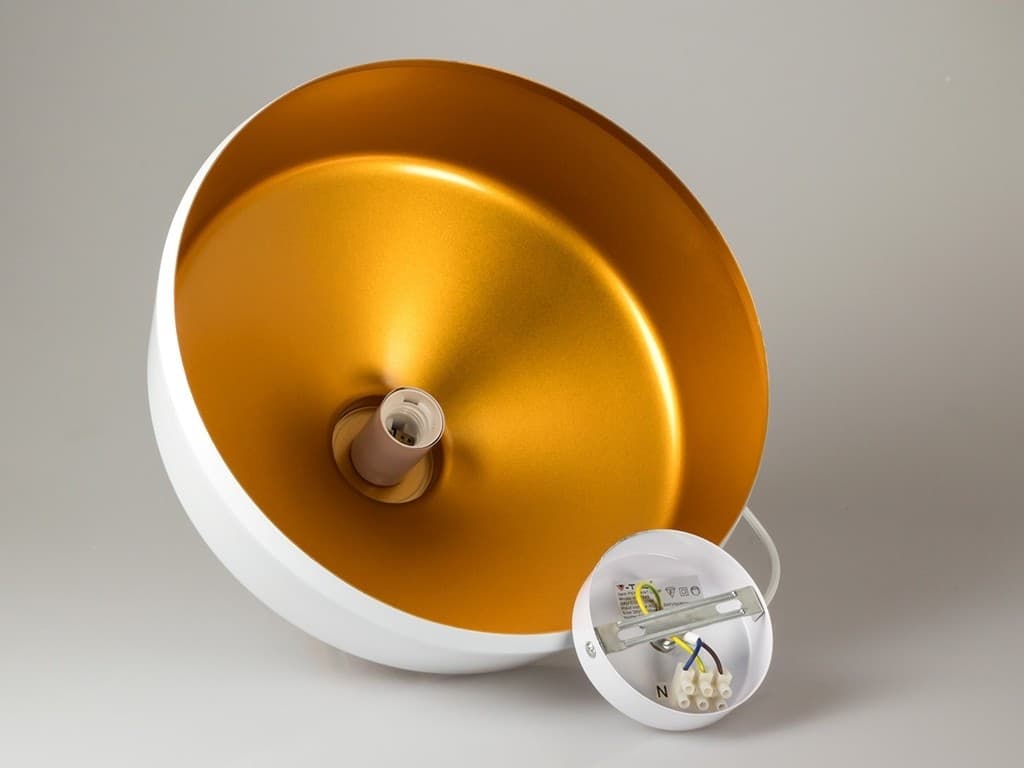 LAMPADARIO PENDENTE LAMPADA A SOSPENSIONE PARABOLA BIANCA BASE IN LEGNO VT-7545 - 6