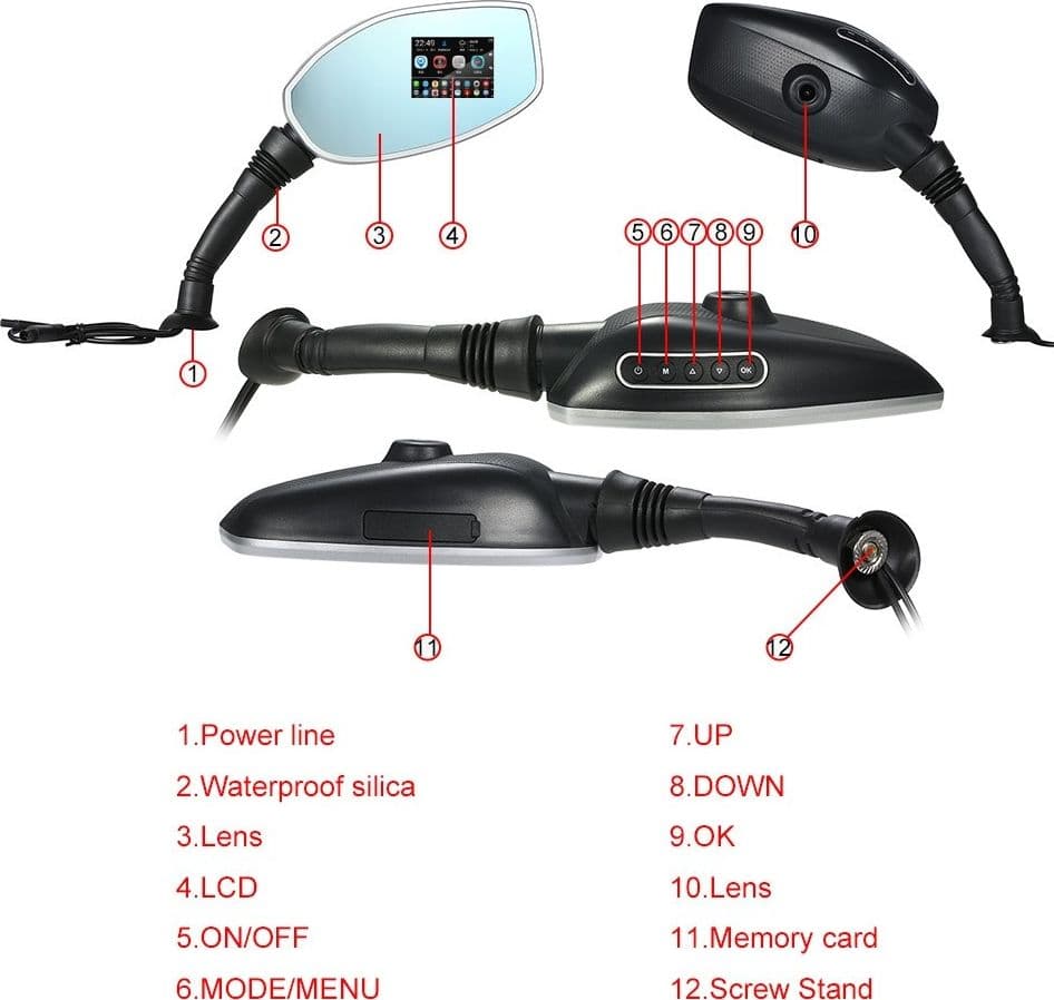 COPPIA SPECCHIETTI MOTO 2.4" DVR CAMERA SPECCHIETTO CAMERA RETROVISORE FRONTALE - 5