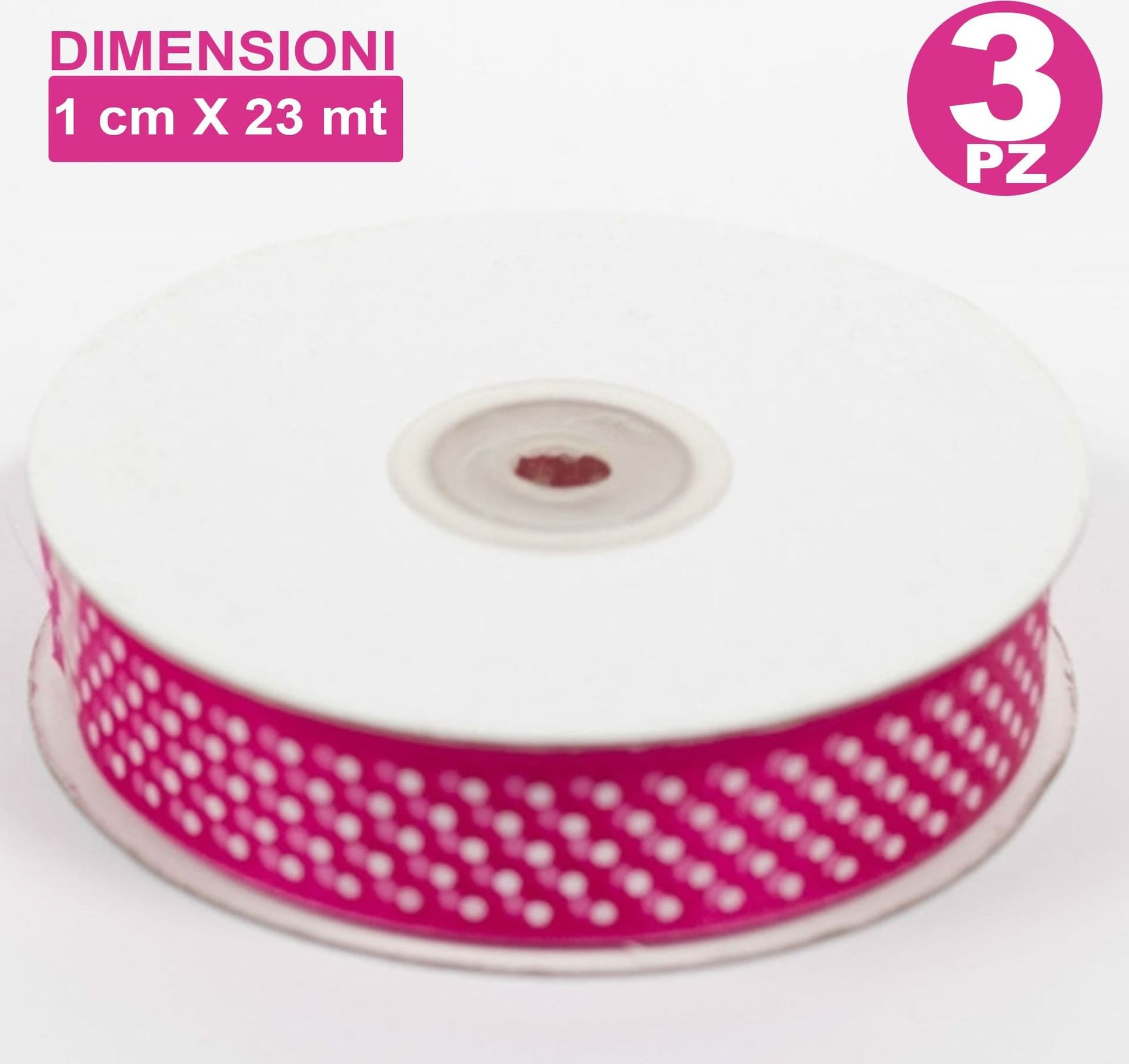 SET 3 PZ NASTRO FUCSIA A POIS PER BOMBONIERE ORGANZA RASO DECORAZIONI DECOUPAGE - 2