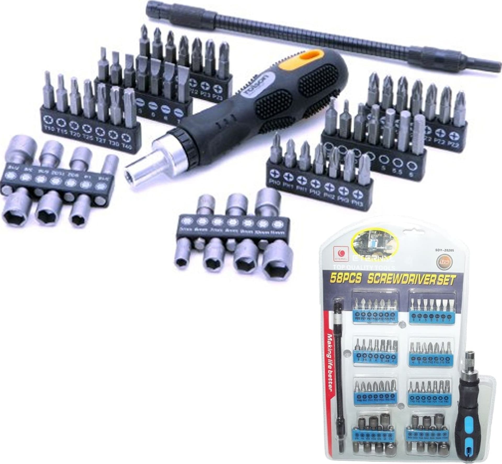 KIT SET 58 PEZZI TORX CACCIAVITI PUNTE INSERTI BUSSOLA PH PZ INTERCAMBIABILI - 3