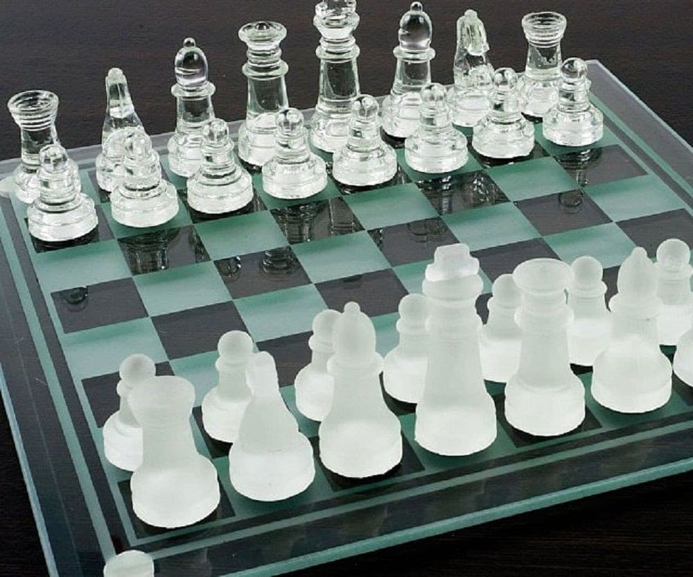 SCACCHI IN VETRO SET 32 PEZZI DI VETRO SATINATO SCACCHIERA 30 X 30 CM GIOCO