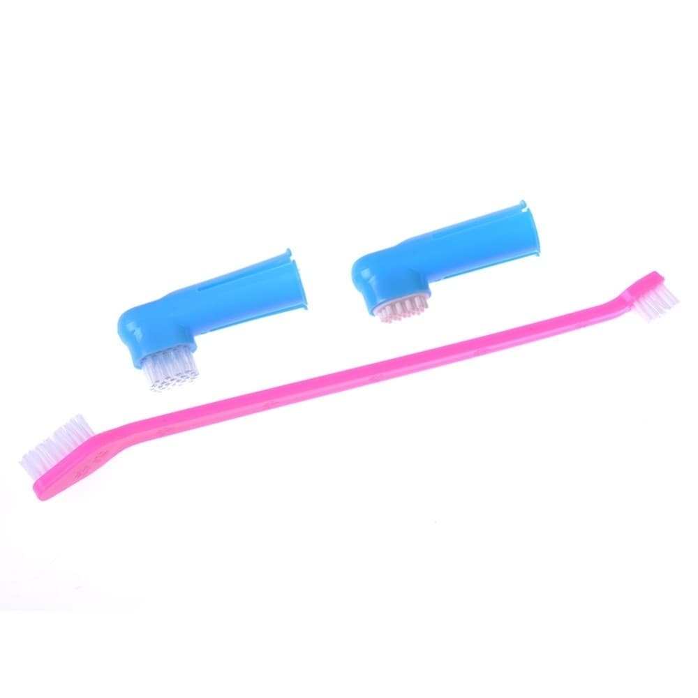 SET SPAZZOLINO LUNGO DOPPIO CON 2 TESTINE DITO PER CANE ANIMALI PULIZIA DENTI - 2