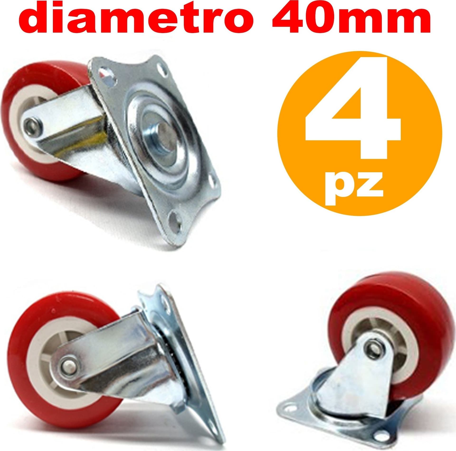 4 RUOTE IN GOMMA RICAMBIO PER CARRELLO MOBILI CON PIASTRA GIREVOLE ROSSO 40MM - 2