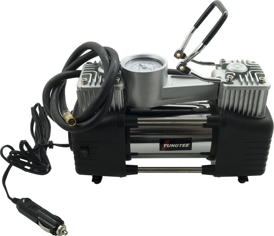 MINI COMPRESSORE PORTATILE 12 VOLT A DOPPIO CILINDRO PER AUTO MOTO + MANOMETRO - 2