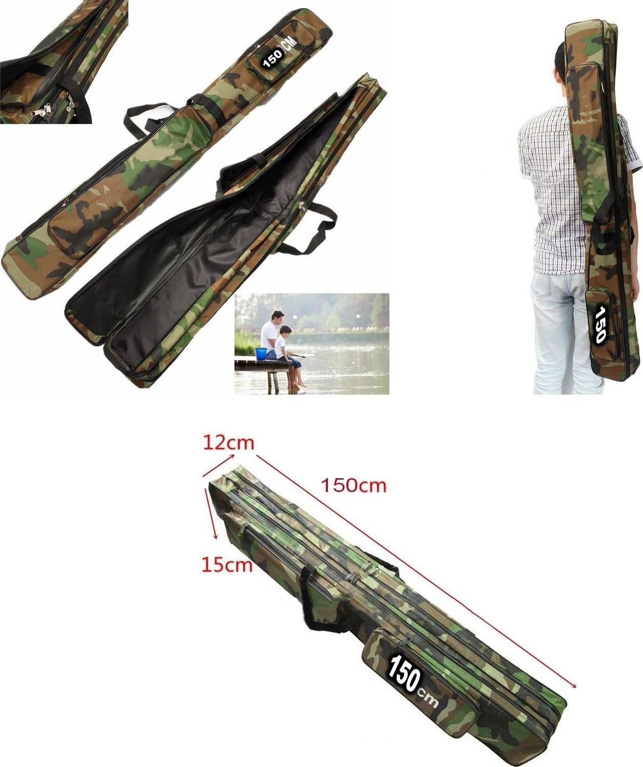 BORSA FODERO CUSTODIA PORTA CANNE DA PESCA 150CM CON 2 SCOMPARTI ZIP PIEGHEVOLE - 2