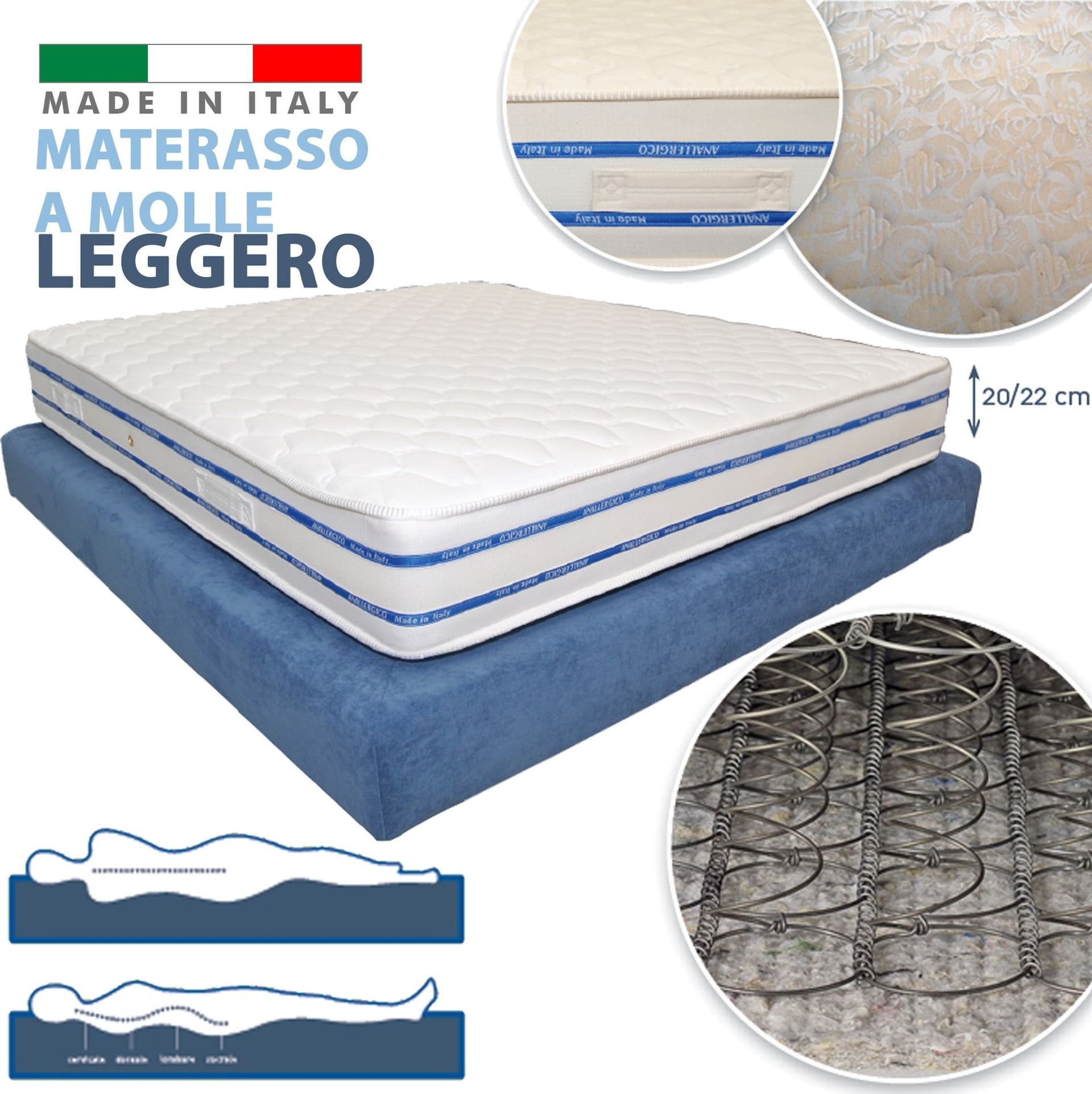 MATERASSO A MOLLE BONNEL LEGGERO SPESSORE 22 CM SINGOLO MATRIMONIALE PIAZZE – 90X190 – TrAdE Shop Traesio – letto