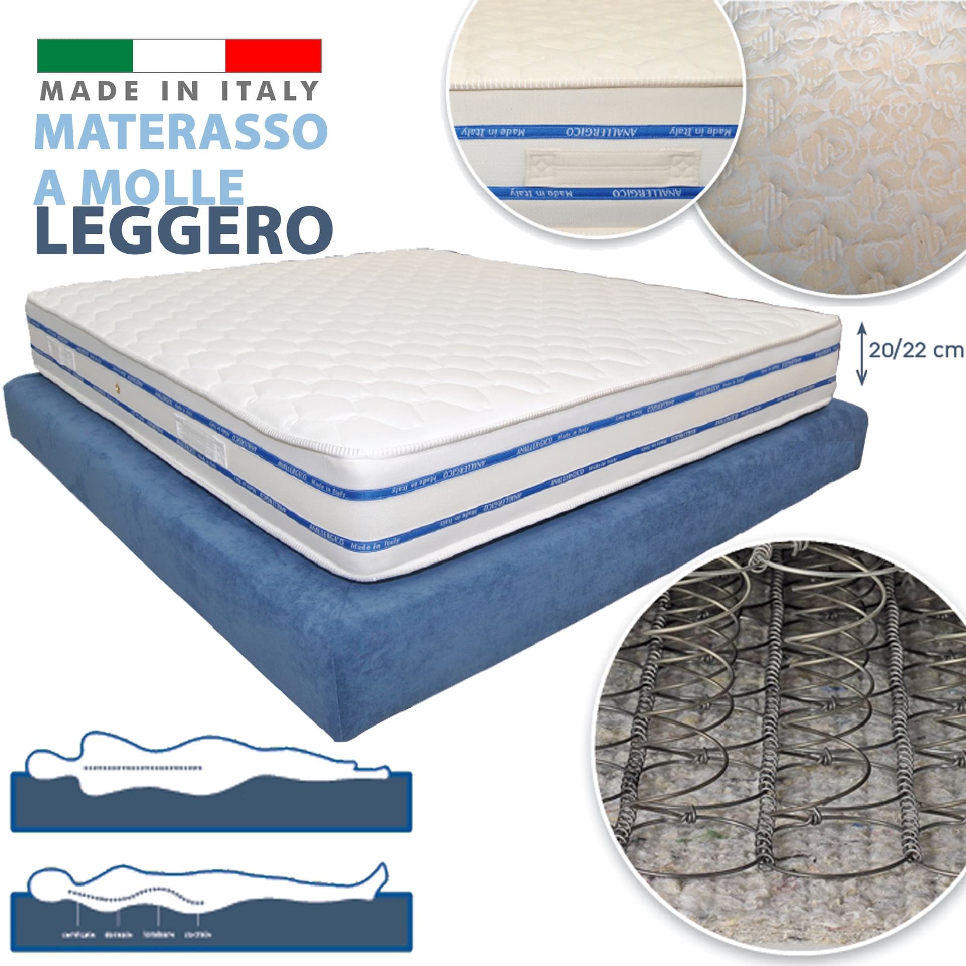 MATERASSO A MOLLE BONNEL LEGGERO SPESSORE 22 CM SINGOLO MATRIMONIALE PIAZZE - 2