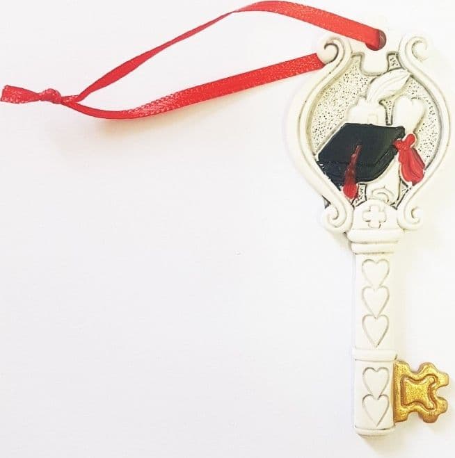 12 PEZZI BOMBONIERA CHIAVE LAUREA SIMBOLO PERGAMENA FORTUNA ROSSO BIANCO ORO - 3