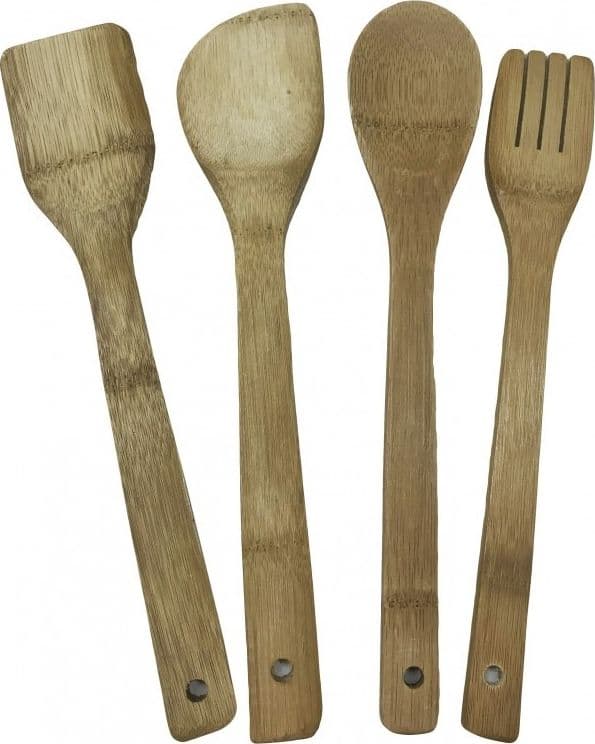 SET 4 UTENSILI DA CUCINA IN BAMBOO LEGNO MESTOLO FORCHETTONE FORCHETTA SPATOLA - 2