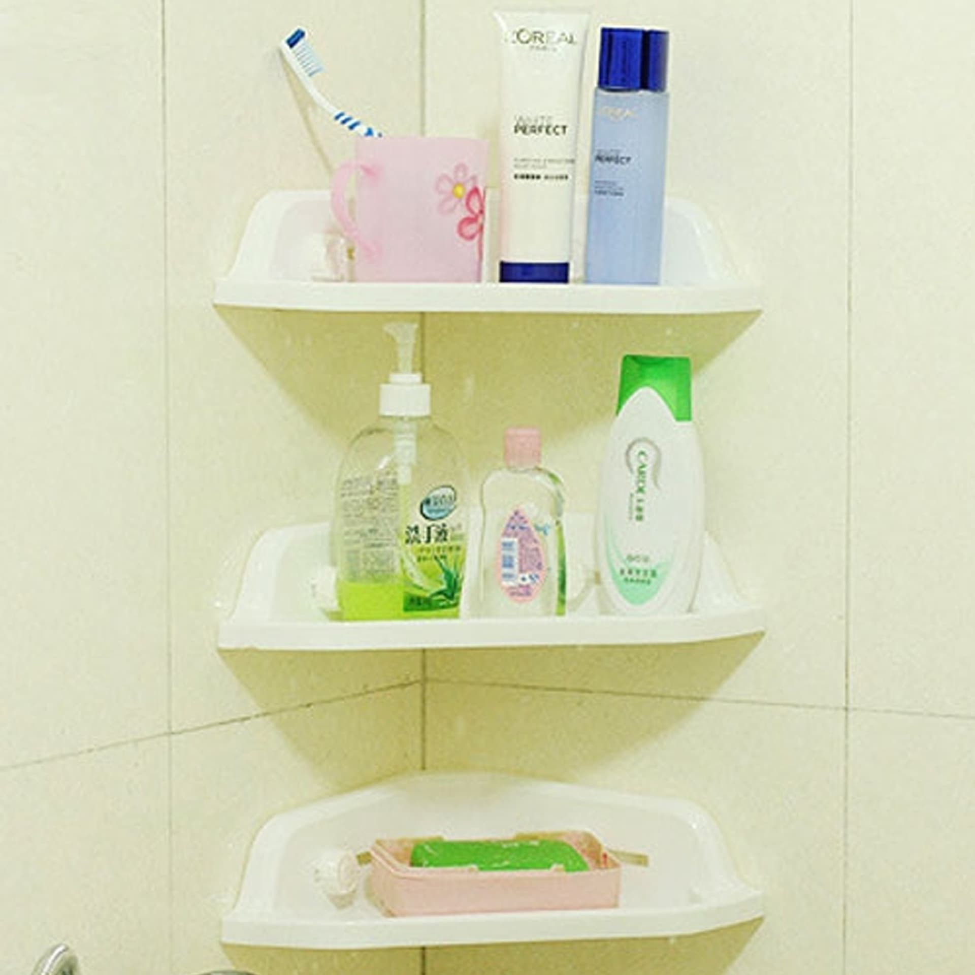 MENSOLA ANGOLARE PER DOCCIA BAGNO PORTAOGGETTI ATTACCO A VENTOSA 34 X 31 CM - 2
