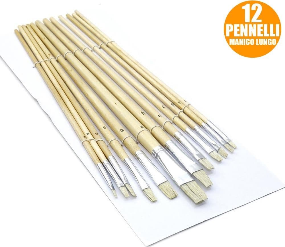 SET 12 PENNELLI PIATTI MANICO LEGNO LUNGO SPESSORE 1-12MM HOBBY PITTURA - 2