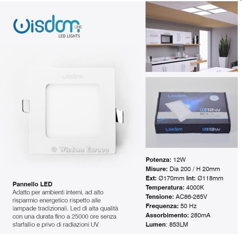 PANNELLO A LED TONDO O QUADRATO AD DA INCASSO LUCE FREDDA CALDA NEUTRA WISDOM - 15