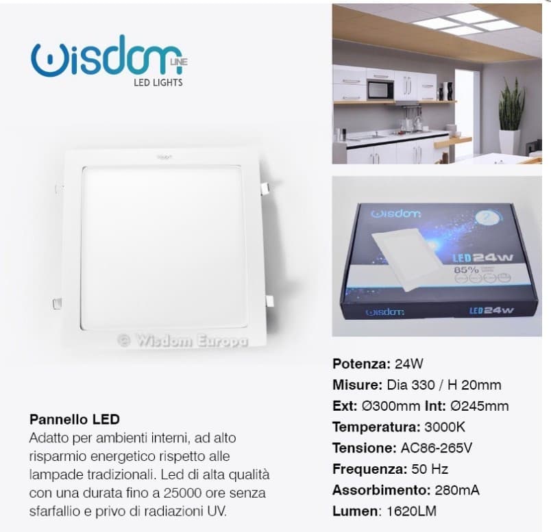 PANNELLO A LED TONDO O QUADRATO AD DA INCASSO LUCE FREDDA CALDA NEUTRA WISDOM - 19