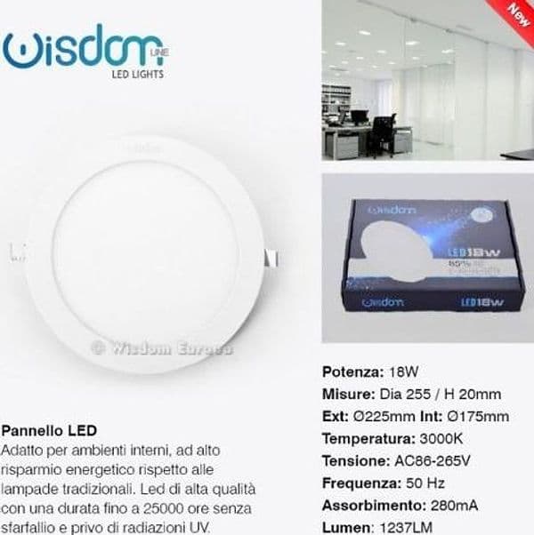 PANNELLO A LED TONDO O QUADRATO AD DA INCASSO LUCE FREDDA CALDA NEUTRA WISDOM - 16