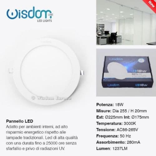 PANNELLO A LED TONDO O QUADRATO AD DA INCASSO LUCE FREDDA CALDA NEUTRA WISDOM - 16