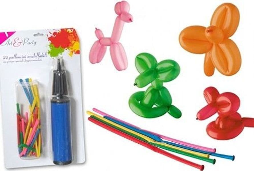 CONFEZIONE PALLONCINI MODELLABILI 100 CM COLORI ASSORTITI 24 PEZZI CON POMPA