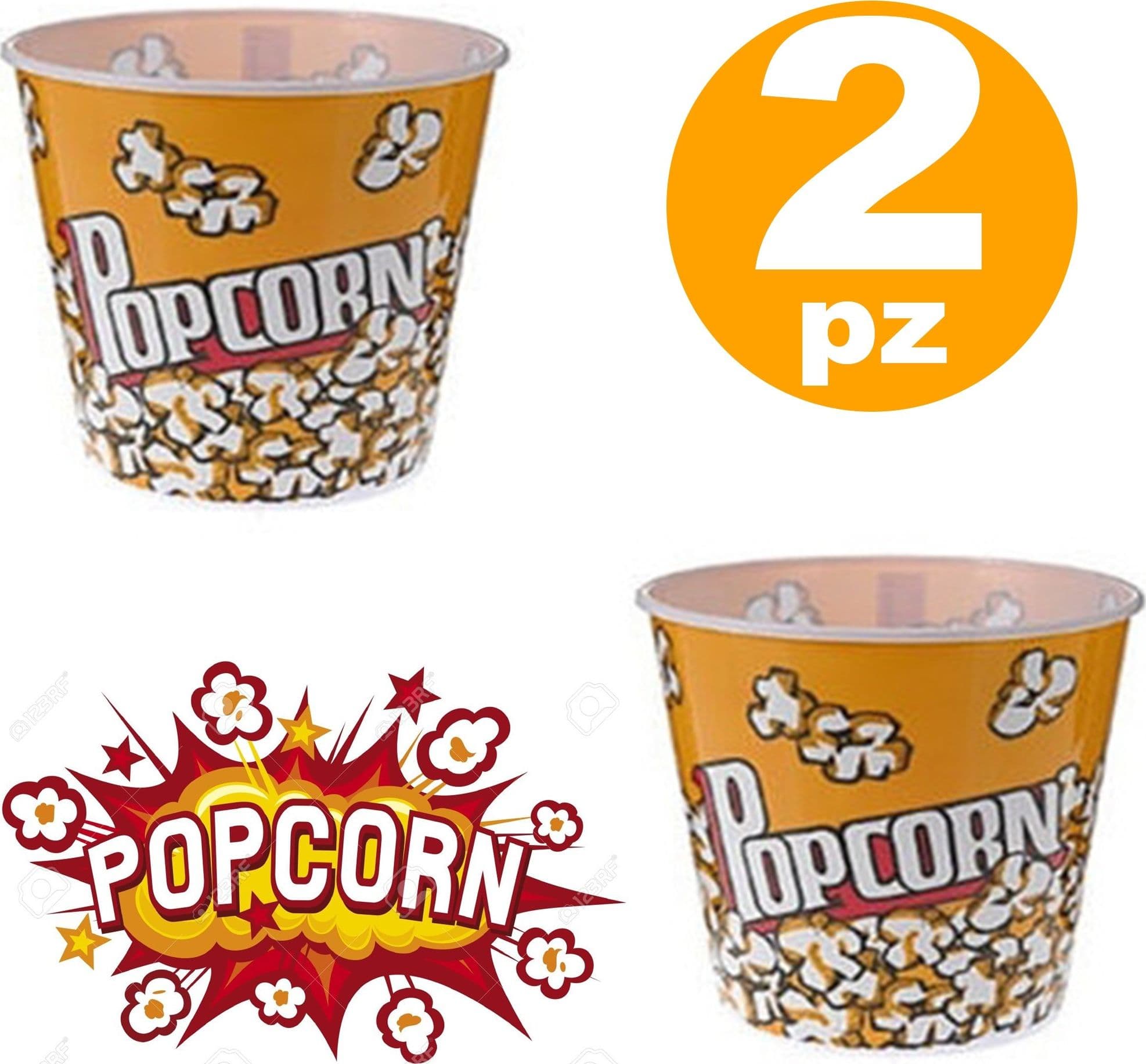2 CONTENITORE PER POP CORN CIOTOLA RIGIDA BICCHIERE RIUTILIZZABILE FESTA CINEMA
