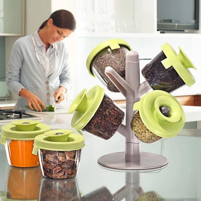 CONTENITORE PORTA SPEZIE ORGANIZER 6 BARATTOLI POP UP SPICE RACK ALBERO VITA - 4