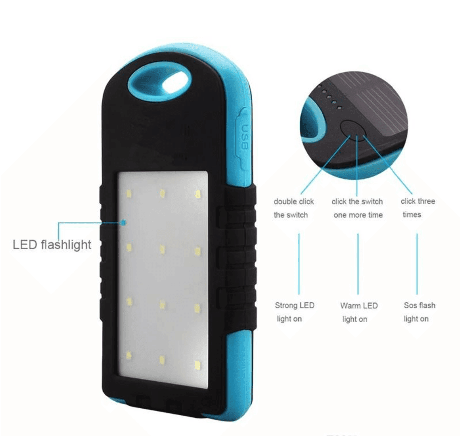 BATTERIA ESTERNA POWERBANK 8800 mAh SOLARE LUCE LED CARICATORE SMARTPHONE - 8