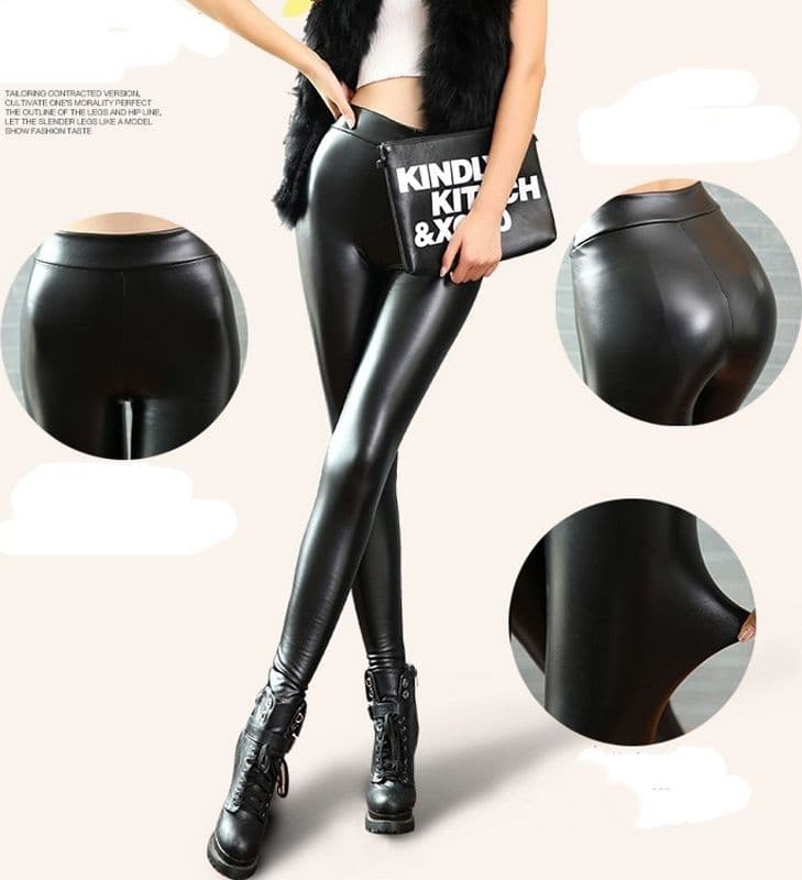 LEGGINGS NERO LUCIDO SIMILPELLE INTERNO FELPATO FASCIA ALLA VITA RX3602 - 3
