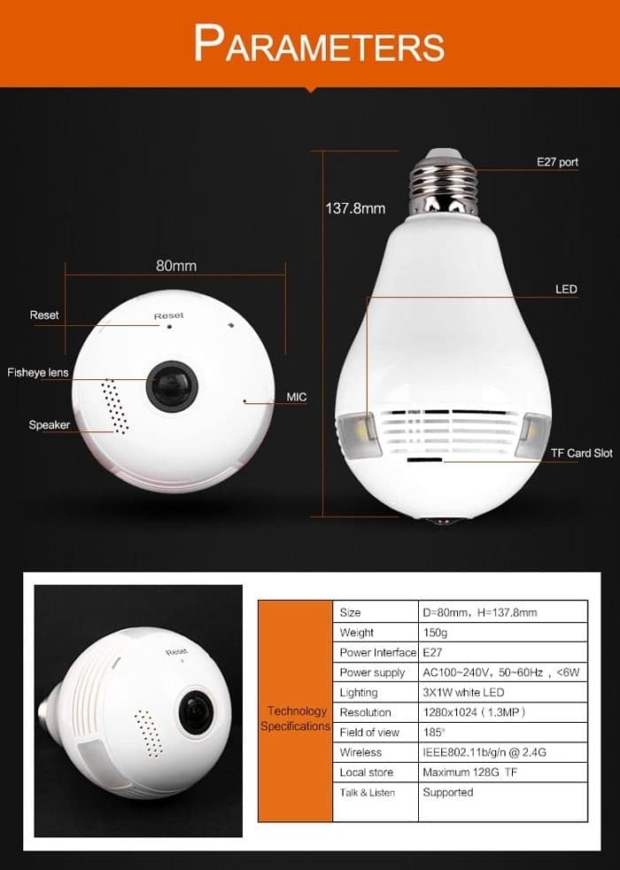 360° PANORAMICA MINI WIFI IP TELECAMERA LAMPADINA NASCOSTA CAMERA 960P LAMPADA - 8