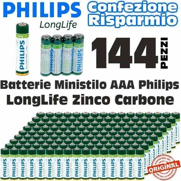 144 X BATTERIE PILE MINISTILO PHILIPS ZINCO CARBON LONGLIFE BATTERIA AAA R3 1,5V - 2