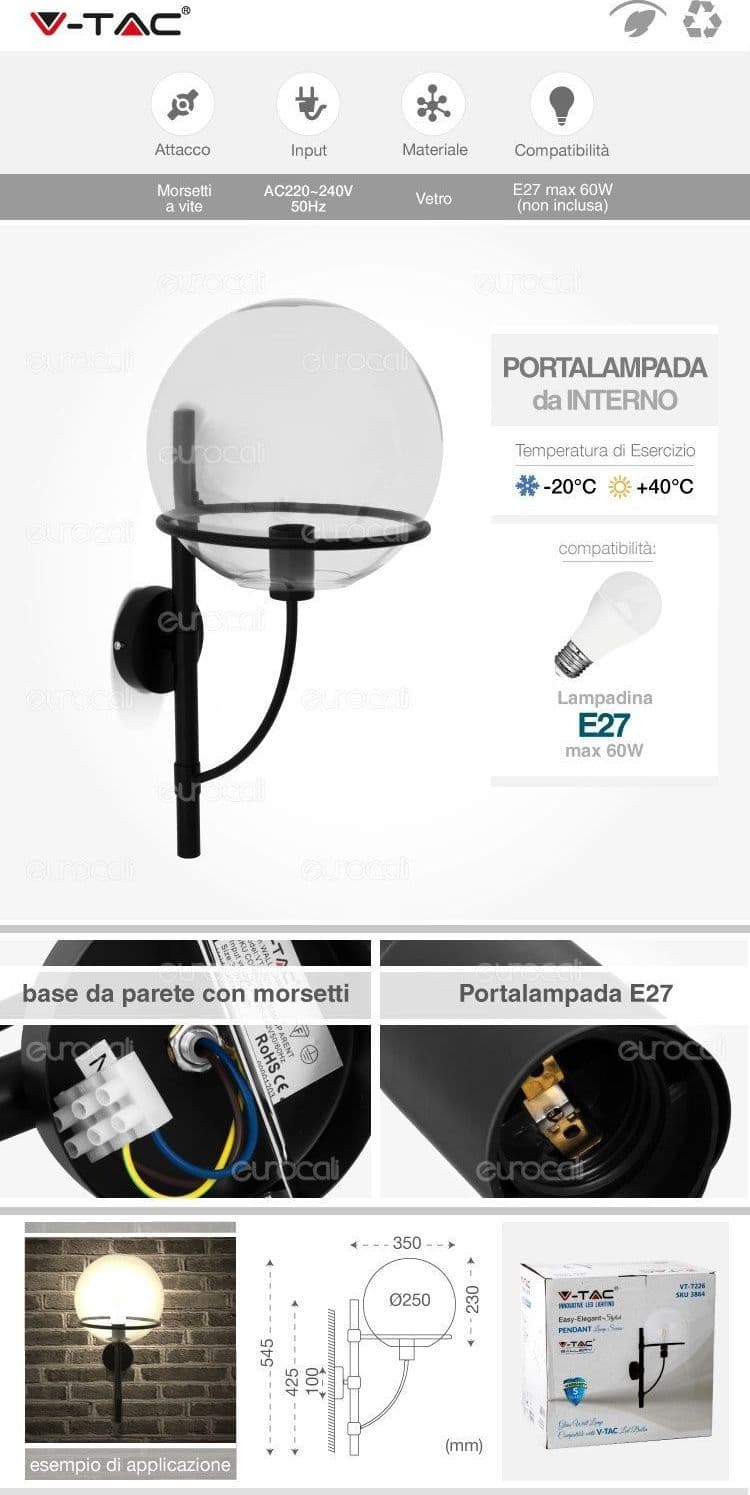 LAMPADA DA PARETE APPLIQUE A MURO FORMA GLOBO VETRO TRASPARENTE ELEGANTE VT-7226 - 2