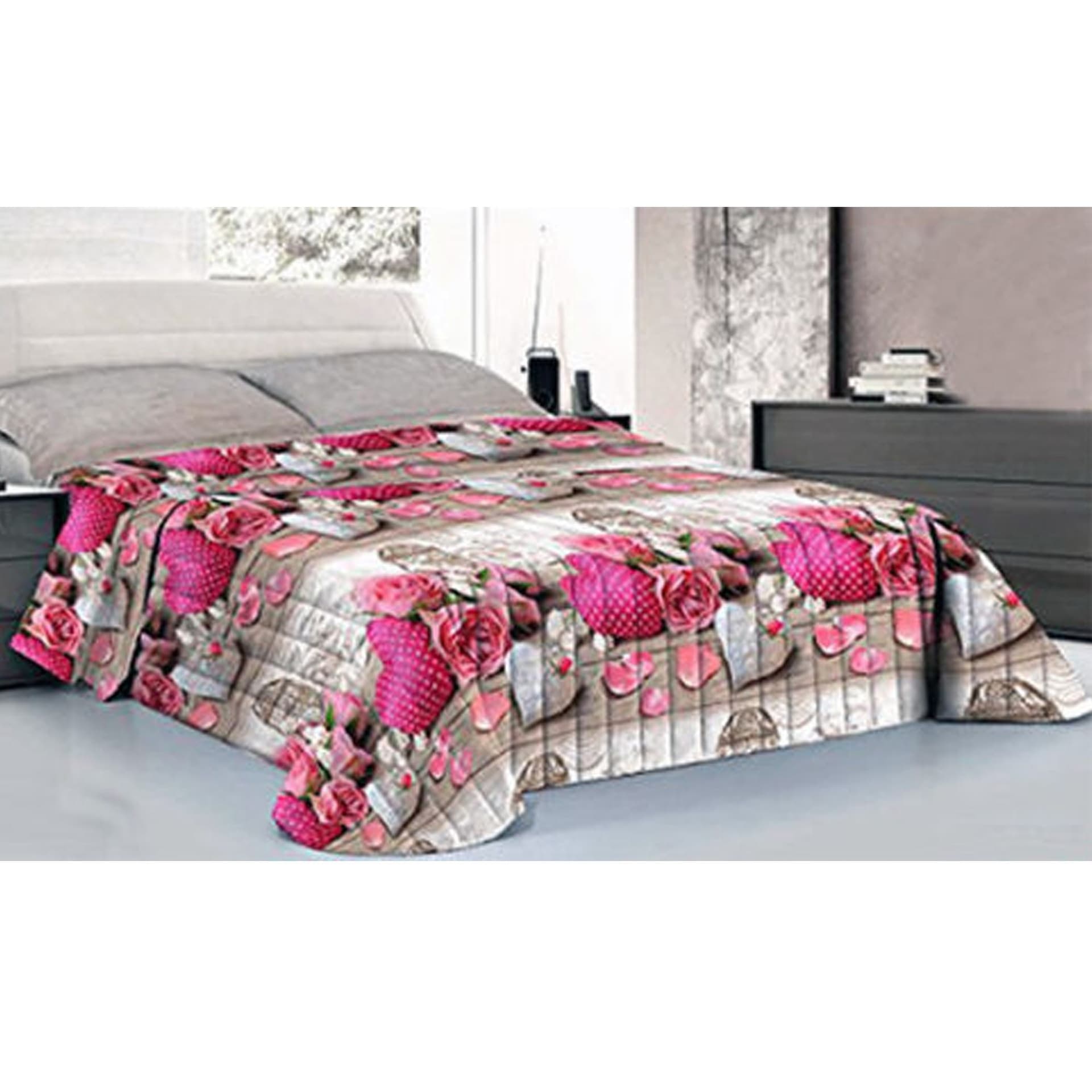 COMPLETO MATRIMONIALE CALDO LENZUOLO 250x290CM MAXI ANGOLI CUORI POIS ROSE - 2