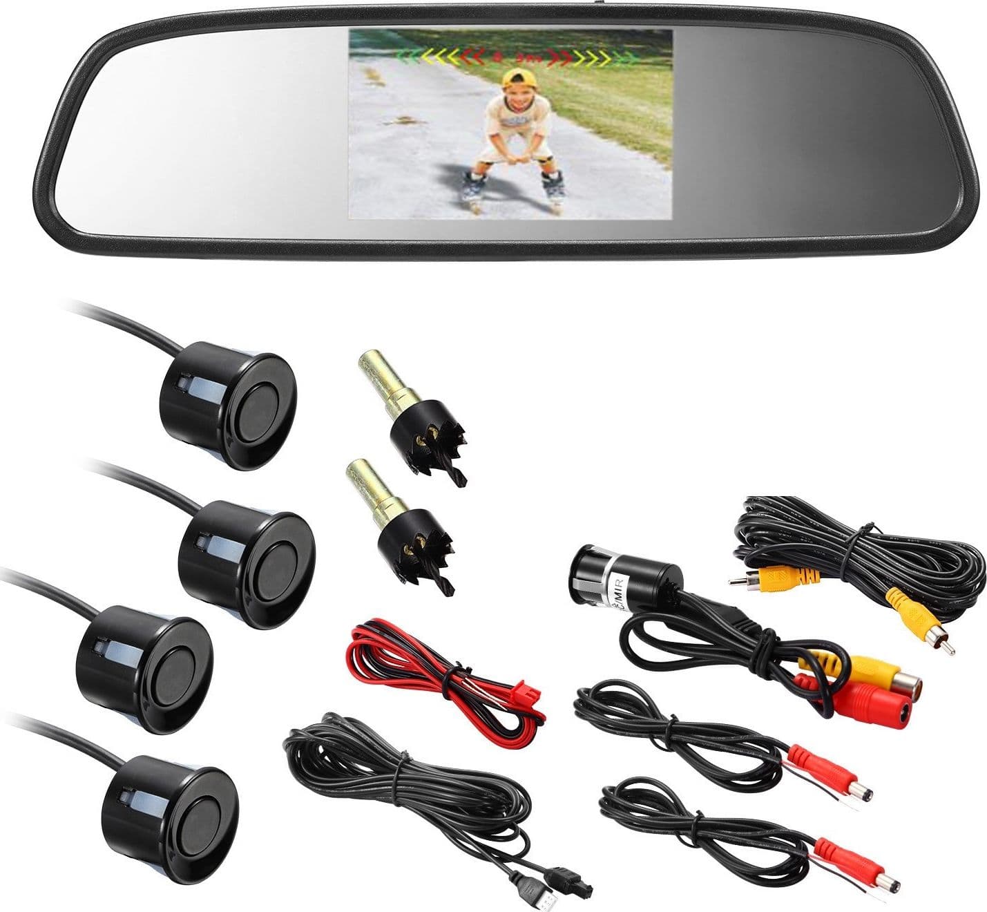KIT PARCHEGGIO AUTO 4 SENSORI NERI TELECAMERA RETROMARCIA SPECCHIETTO MONITOR - 6