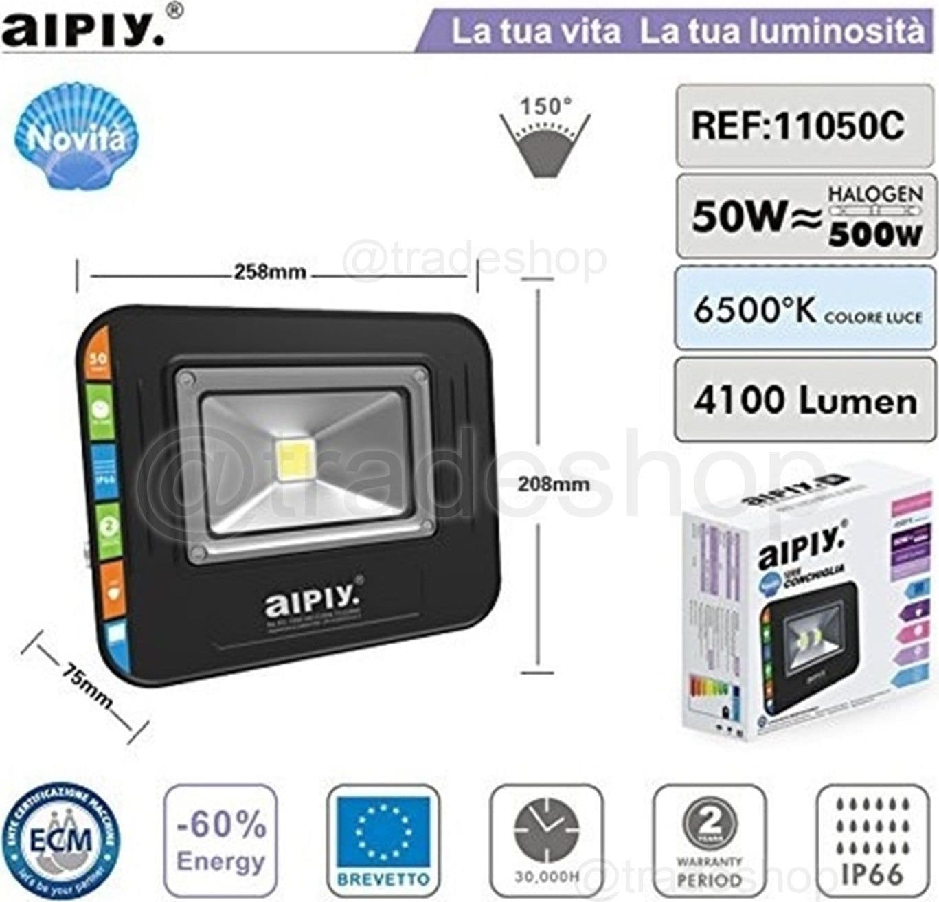 FARO LED IP65 FARETTO LUCE FREDDA FARI DA ESTERNO 50W RESA 500W ALTA LUMINOSITA – Bianco Caldo – TrAdE Shop Traesio –