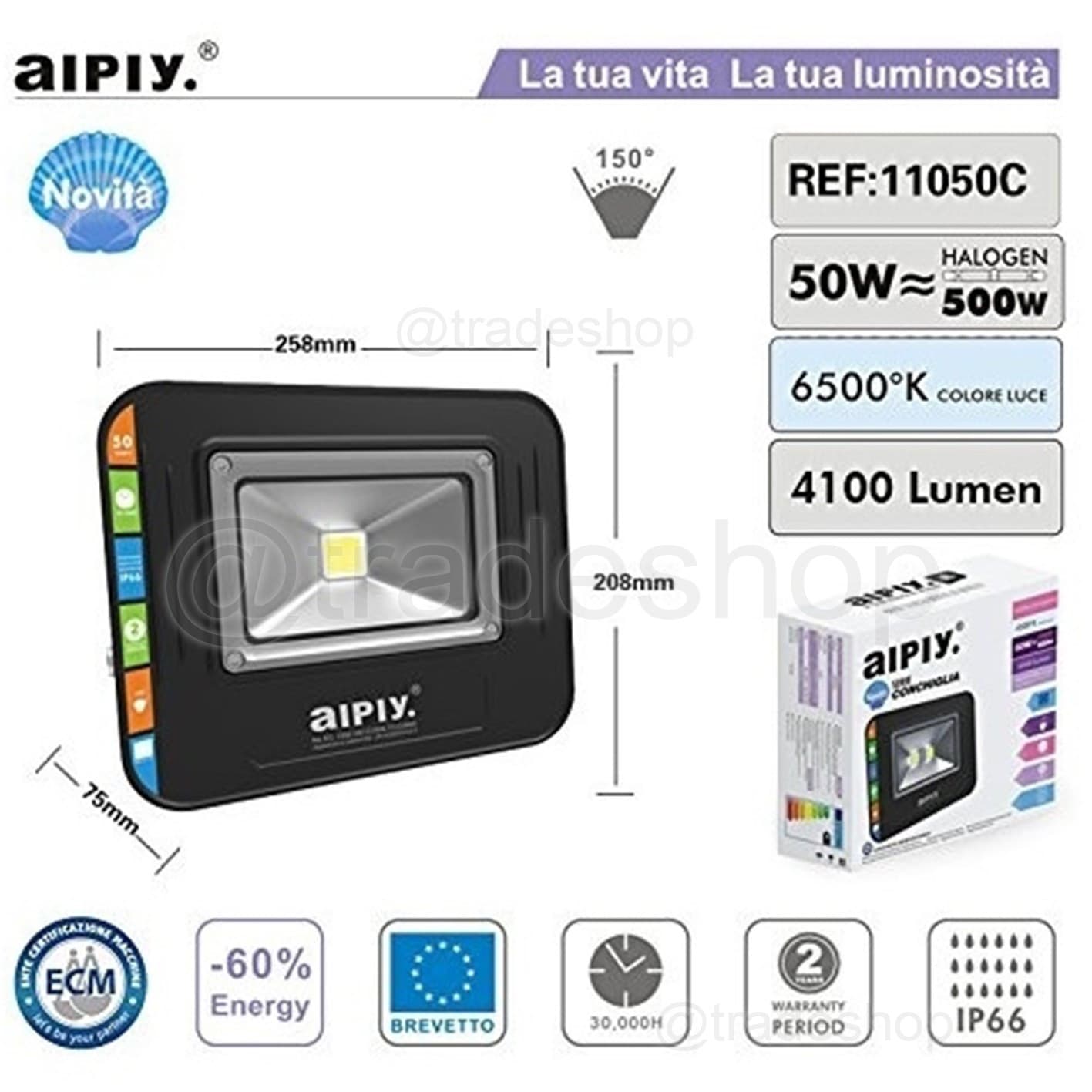 FARO LED IP65 FARETTO LUCE FREDDA FARI DA ESTERNO 50W RESA 500W ALTA LUMINOSITA - 2